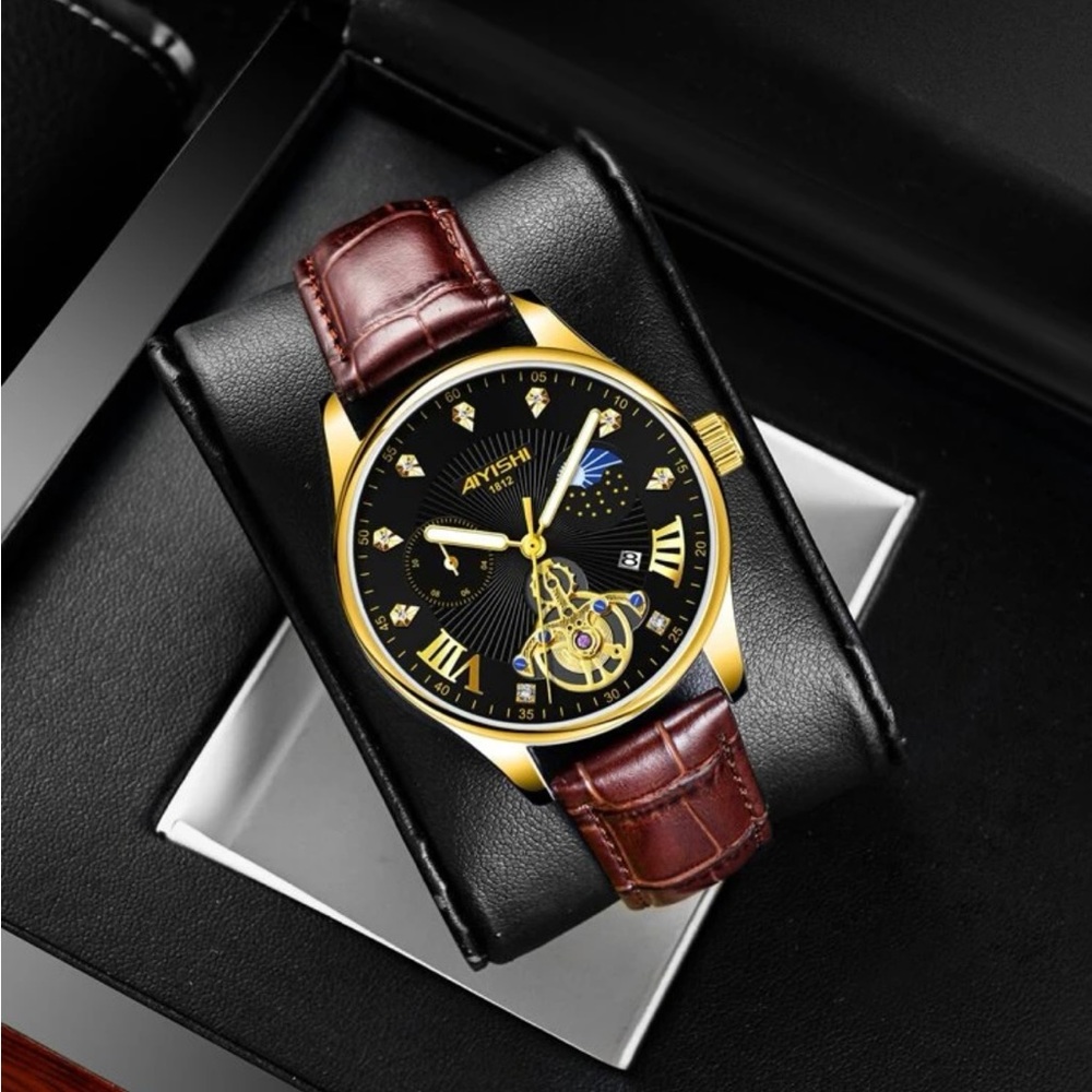 Men Round Pointer Date Quartz PU Brown Leather Casual Watch Luxury 30m Aiyishi.